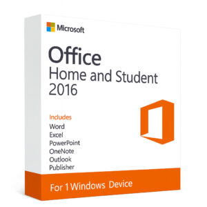 Microsoft Office Home and Student 2016 product box with orange Office logo and app list for Windows