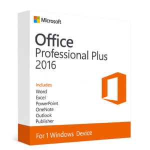 Microsoft Office Professional Plus 2016 product box with orange Office logo and app list for Windows