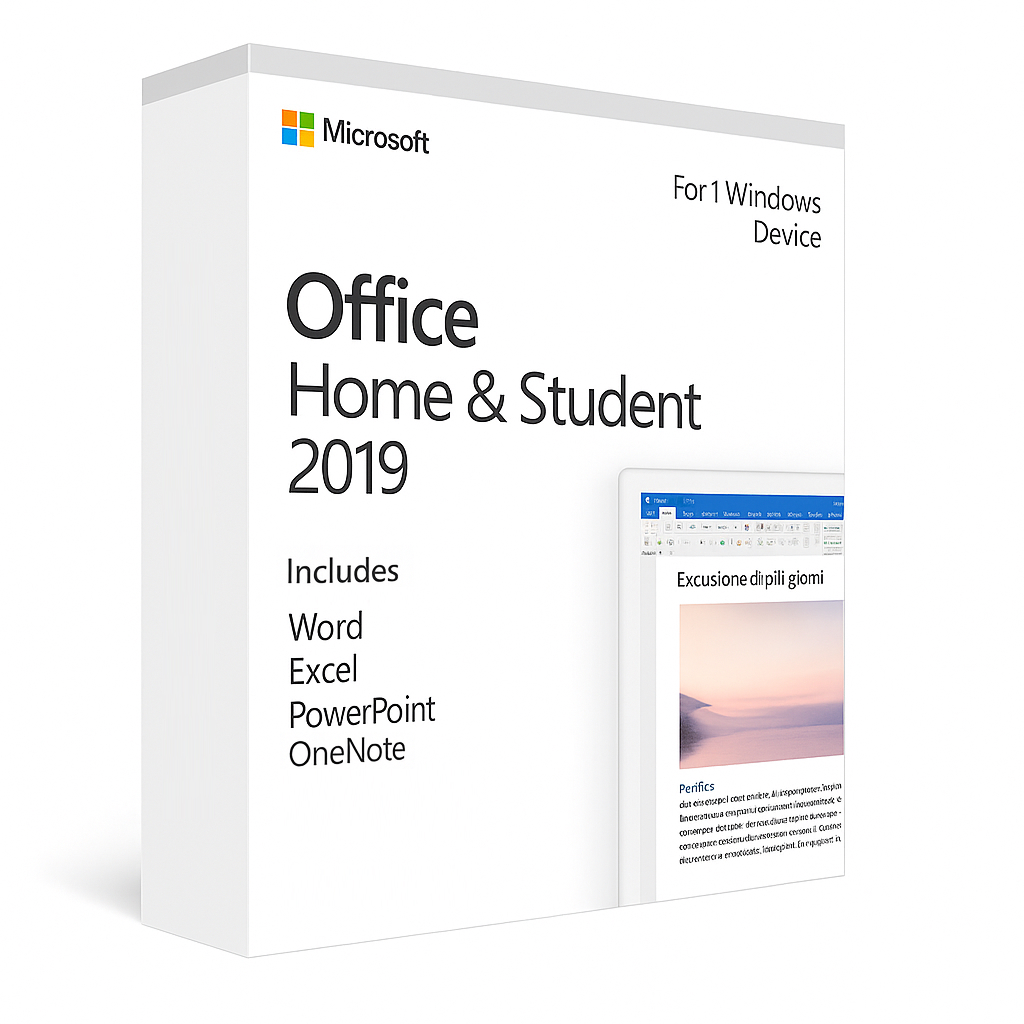 Microsoft Office 2019 Home and Student product box for Windows with Office apps