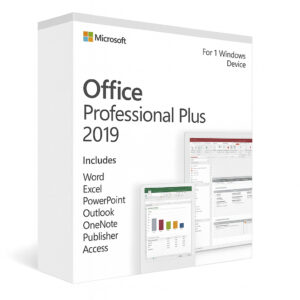 Microsoft Office 2019 Professional Plus product box with Office apps for Windows