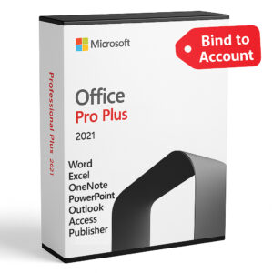 Microsoft Office 2021 Pro Plus retail box with Bind to Account label and list of included apps: Word, Excel, OneNote, PowerPoint, Outlook, Access, Publisher.