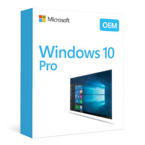 Microsoft Windows 10 Pro OEM product box with blue Windows 10 logo and desktop screen
