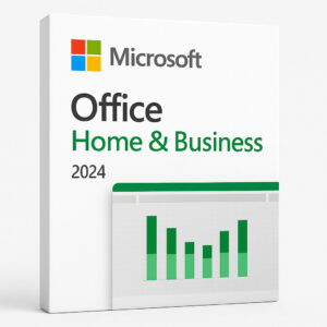 Microsoft Office Home & Business 2024 retail box with green Excel chart graphic – Windows and Mac compatible