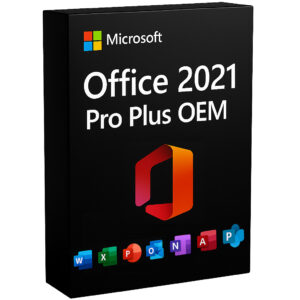 Microsoft Office 2021 Pro Plus OEM retail box with Word, Excel, PowerPoint, Outlook, Access, and Publisher icons.