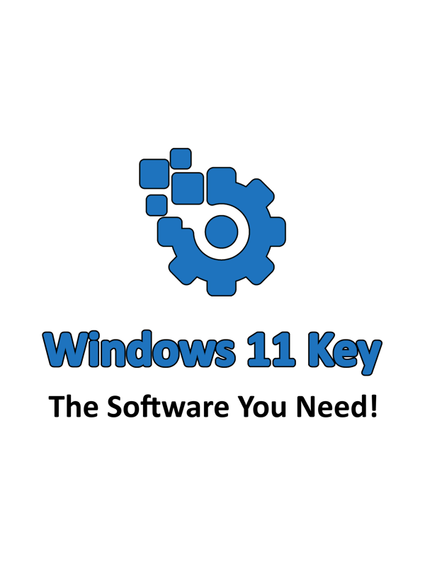 Windows 11 Key logo with blue gear and digital pixel design on a black background.