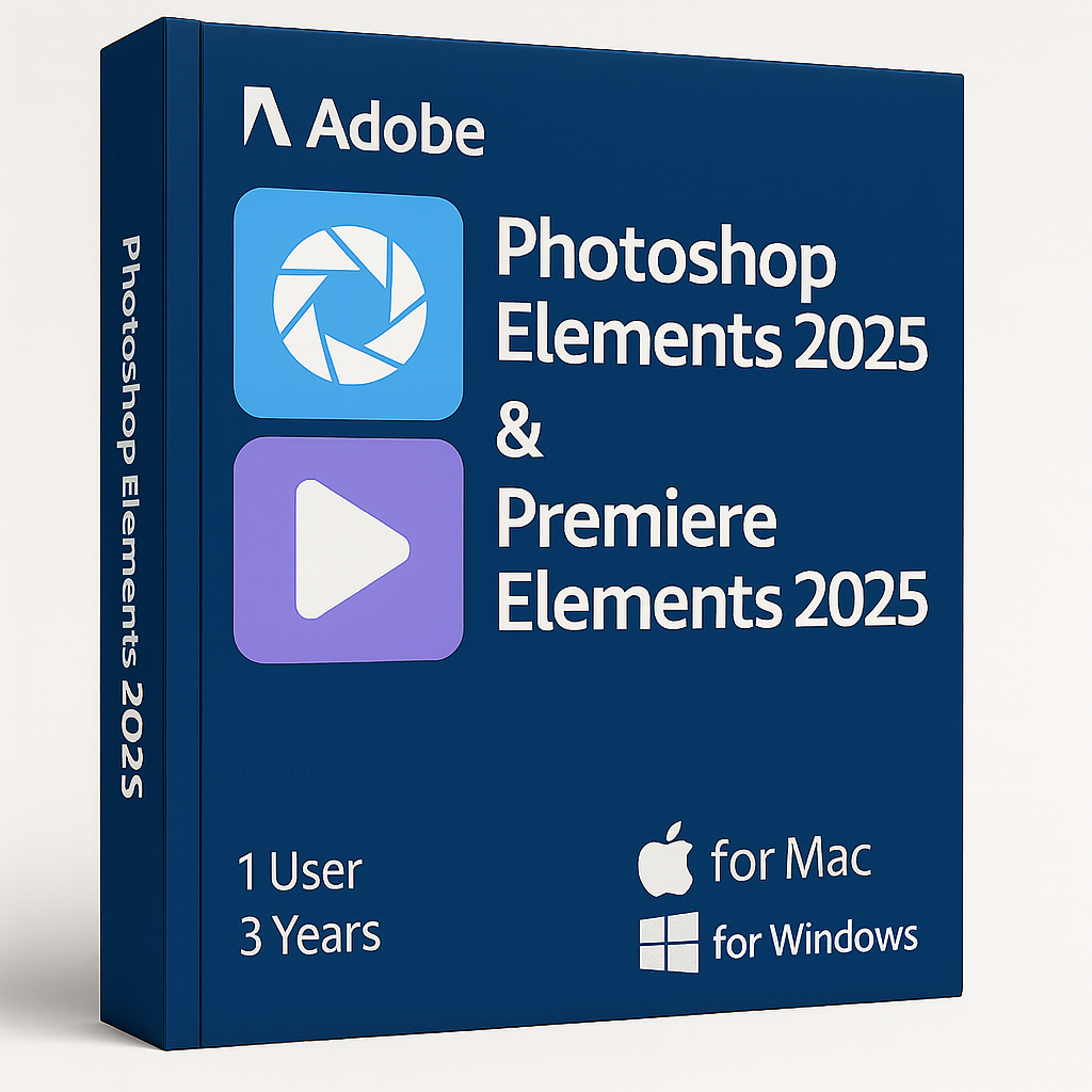 Adobe Photoshop Elements 2025 and Premiere Elements 2025 box for Windows or Mac 1 User 3 Years license